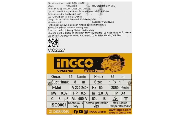 Máy bơm nước đẩy cao Ingco VPM3708 370W - Hình ảnh 9